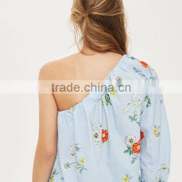 Tie Cuff Modern Lady's One Shoulder Stripe and Floral Poplin Blouse photo-4