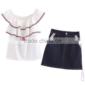 2017 Fashion Summer for Women Fashion Elegant One Shoulder Blouse With Denim Skirt Two Pieces photo-5