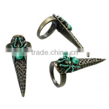 New Fashion Punk Unadjustable Fingertip Knuckle Nail Rings Antique Bronze Halloween Spider Carved Green Rhinestone Enamel