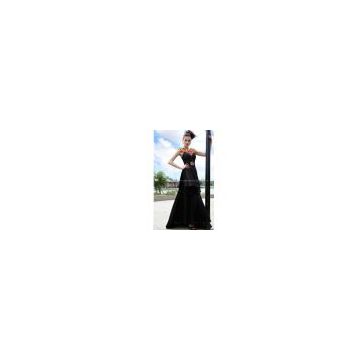 A-line off-shoulder Black Elastic satin evening dress 30168