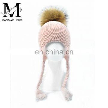 High Quality Knitted Beanies Colorful Big Raccoon Fur Pom Pom Winter Hat Beanie Kids