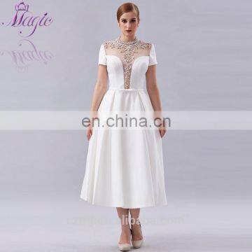 2017 New Arrival Fashion Design High Quality Low Cut Waist Beaded Short Sleeve White Prom Dress