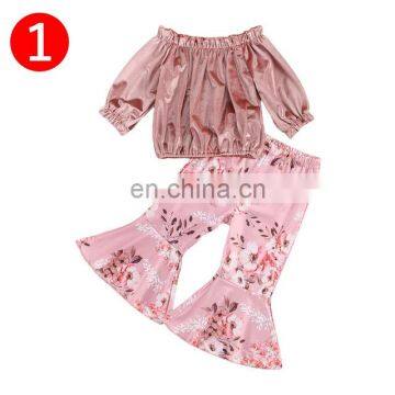 2 Pcs Infant Baby Girls Sexy Outfits, Toddler Long Sleeve Off-the-shoulder Top + Floral Print Flared Trousers photo-3