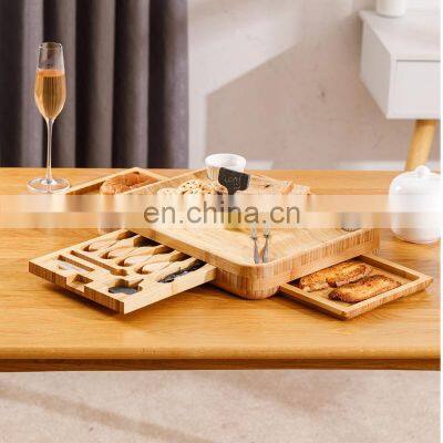 Christmas Natural Premium Wood Bamboo Cutting Cheese Boards Slide Out Drawers With 4 Knifes Set