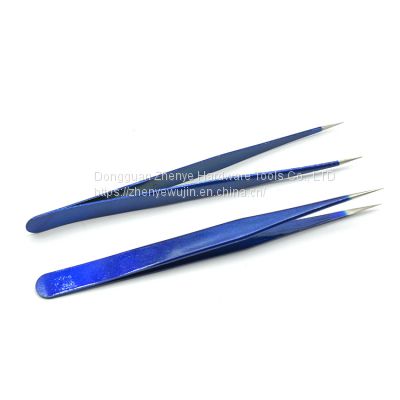 Professional eyelash grafting tweezers High precision eyelash hairdresser special flowering tool Gold feather clip Titanium blue sticker Straight head