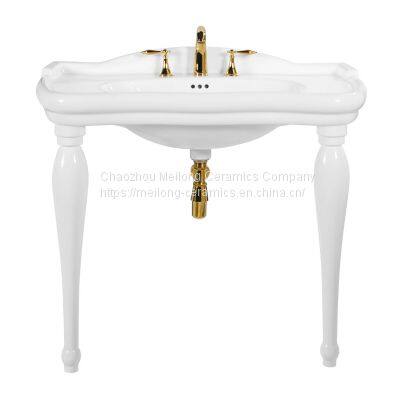 Standing Porcelain Console Sink With Solid Wood Spindle Legs