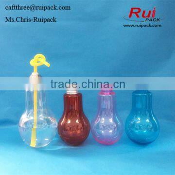 light bulb shape lovely plastic bottle(with straw) Set of plastic light bulb bottle for drinking with screw cap