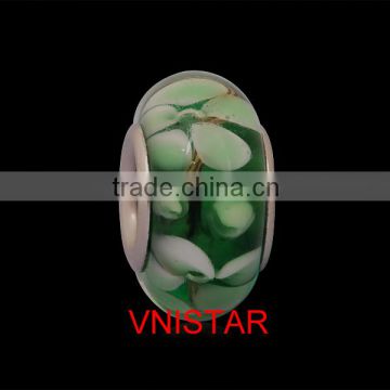 Vnistar wholesale stainless steel core green glass beads with white flower fit for european bracelet&DIY jewelry PGS018