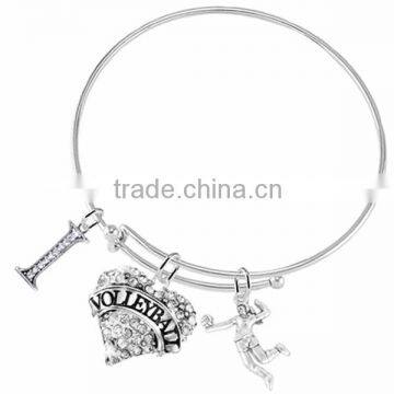 Sparkling Clear Crystal Covered "I", Crystal "Volleyball" Heart Shaped Charm & Spiking Player Charm Bracelet