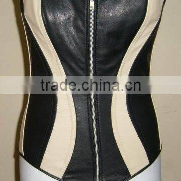 Full Breast Leather Women's Black / Beige Steel Boned Corset