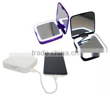 Multi-use lighted double sides folding mirror with power bank