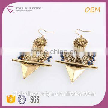 E75314L01 Alloy Gold Plated Blue Beads Cut Out Laser Cut Earrings In Ear Chain Ladies Earrings Designs Pictures