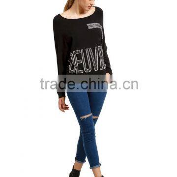 New Arrival Black Loose Style Batwing Sleeve Rhinestones Sweater photo-5