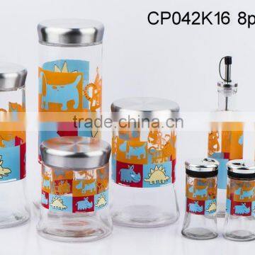 CP042K16/8 8pcs glass jar set with decal printing with stainless steel lid