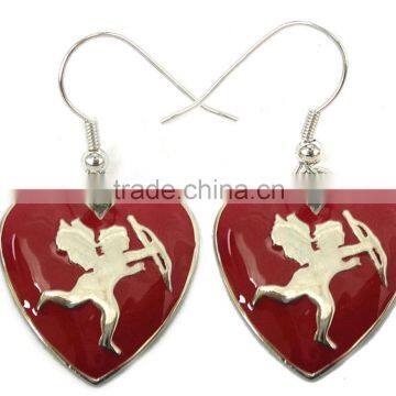 Trendy metal silver hear with angel charm earrings ,decorated with red enamel, Customized Colors or LOGO and OEM desigtn accept