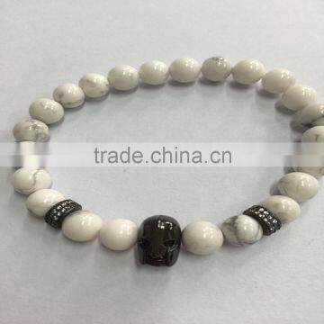 Men Black Helmet Charms Bracelet White Turquise stone Beads Elastic Rope Bracelet