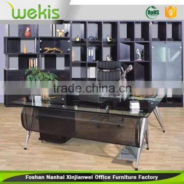 Foshan modern office furniture suppliers executive black glass office desk with metal leg