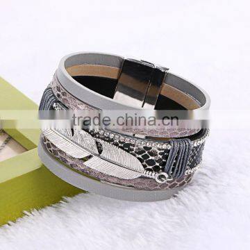 6 Color In Stock Fashion Silver Leaf Charms Vintage Multilayer Crystal Leopard Leather Bracelet