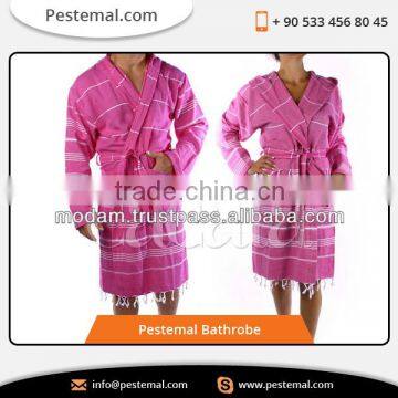 100% Cotton Pestemal Bathrobe with Bright Pink and White Striped Pattern