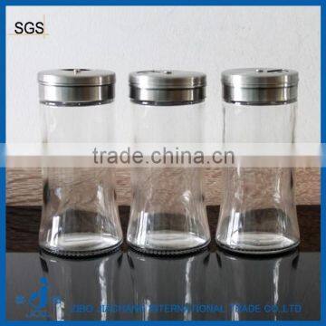 glass condiment salt holder with stainless steel caps