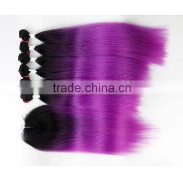 7pcs 220g cheap hair weaving modacrylic fibre shed free ombre color synthetic straight hair weft with big lace closure