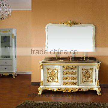 Hotel type baroque style antique wooden bathroom vanity with double sinks with gold foil WTS123