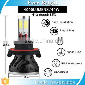 2pcs car led headlight 40W 4000LM with low/high beam cob led light h13 led headlight