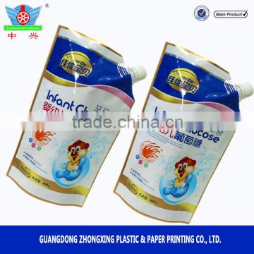 Standing up plastic reusable spout pouch bag for baby glucose packaging