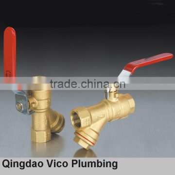 Female Threaded Natural Brass Color Brass Ball Valve with Y Type Strainer