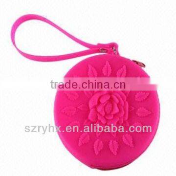 Red round silicone small change purse with flowers