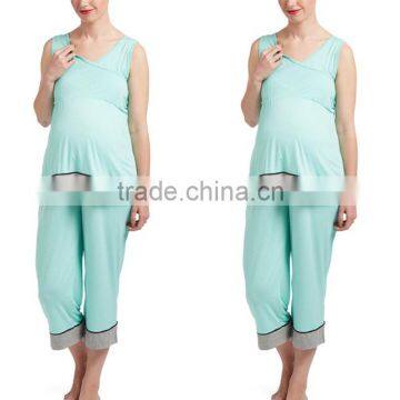 Relaxed Fit Surplice Neckline Night Wear Stretch Blend Mint Color Block Sleepwear Maternity/Nursing Pajama Set