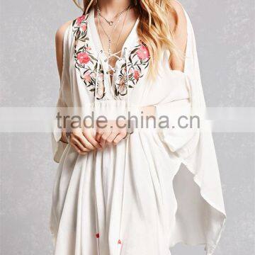 Latest Fashion center front pleats lace-up neckline long dolman sleeves Tunic Dress