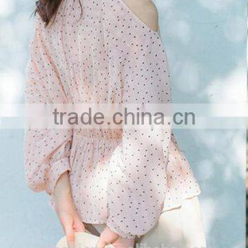 2017 Wholesale Summer Women Tie Neck Cold Shoulder Long Sleeve Print Blouse photo-3