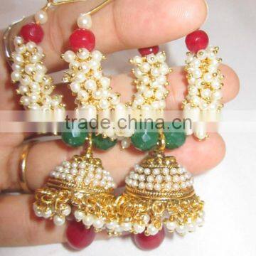 Red Green Pearl Hoop Bollywood Gold Tone Dangler Jhumka EARRINGS photo-4