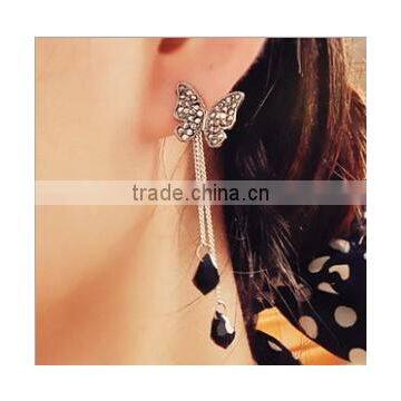 South Korean butterfly design earrings for girls,long tassels crystal stud earring