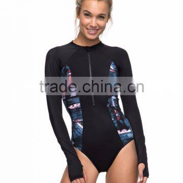 Long Sleeve Zipped Rashguard One Piece Crew Neckline Front Zip Swimsuit Custom Bodysuit Polyester Spandex Stretchy Material photo-2