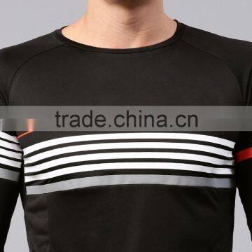 Black Striped Round Neck Rapid Dry T-Shirt Striped Style Waist Length Tee Round Neck Long Sleeves Anti-Microbial Moisture Sport photo-6