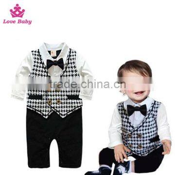 Autumn Infants Gentlemen Boys Long Sleeve Bodysuit Plaid Necktie Rompers Baby Boys Suit