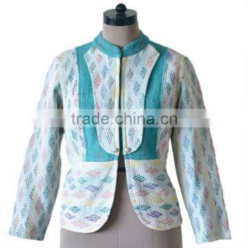 Vintage Kantha Jacket in Cream & Green Color ~ Extra Large