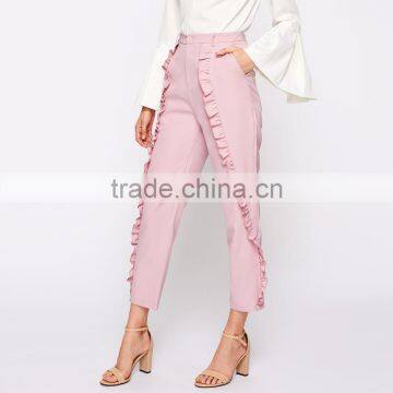 Frilled Women's Tailored Fitted Pants High Waist Pink Cropped Trousers photo-4