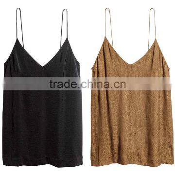 Slight Sheen Women Sleeveless Spaghetti Straps Cami V-neckline Tank Tops photo-6