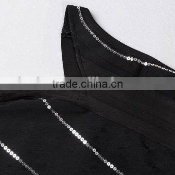 New Designer One Piece Sexy Flash Stripes Black One-shoulder Party Dress photo-6