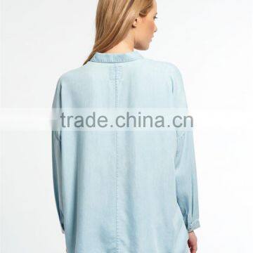 2017 China Manufacturer Shandao High Fashion New Casual Autumn Design Long Sleeve Button Opening Loose Blue Viscose Blouse photo-6