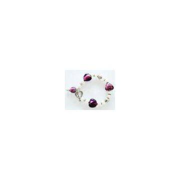 Purple Handmade Glass Bead Bracelets , Heart shaped 7.5' Stretch