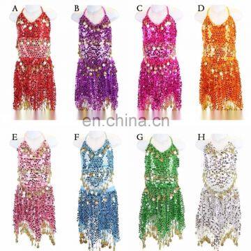 8 Colors Girls Kids Belly Dance Costume Sparkly Circle Sequin Coins Top & Skirt