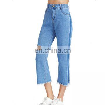 Cut Out Frayed Hem Ankle Jeans Fashion Demin Pants For Women photo-5