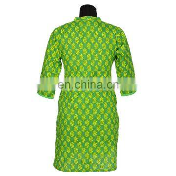 GREEN PRINTED WITH YOKE NEHRU COLLAR FRONT PLEATS 100% COTTON INDIAN STYLE