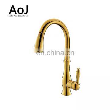 Gold Plated Single Handle Pull Down Kitchen Faucet