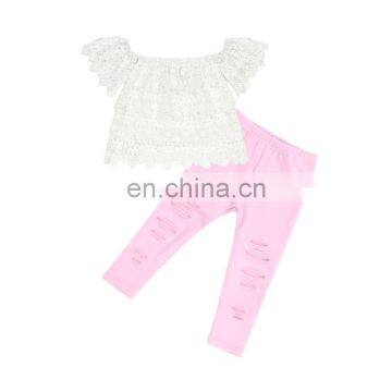 summer fashion off shoulder lace top with pink ripped trousers boutique two pieces girls clothing set