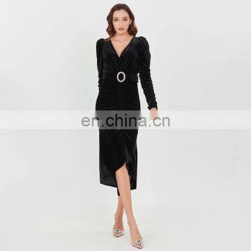 TWOTWINSTYLE Elegant Dresses For Women V Neck Long Sleeve High Waist With Belt Slimming Ruched Patchwork photo-3